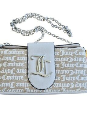Juicy Couture Beige & White Logo Chain Shoulder Bag